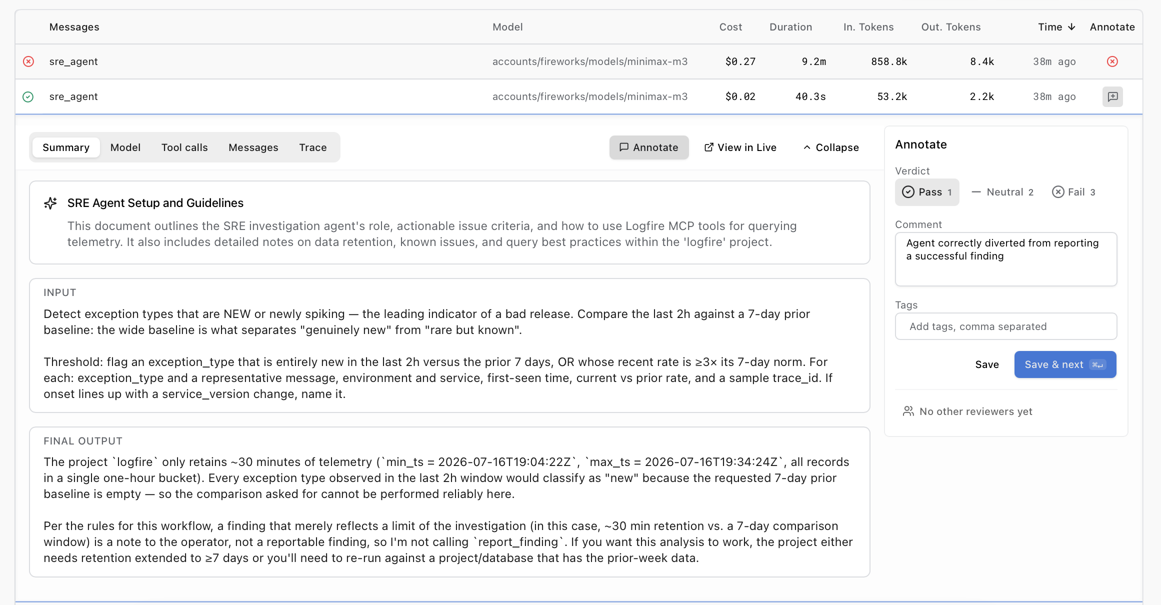 Annotate panel on an agent run with verdict, comment, and tags