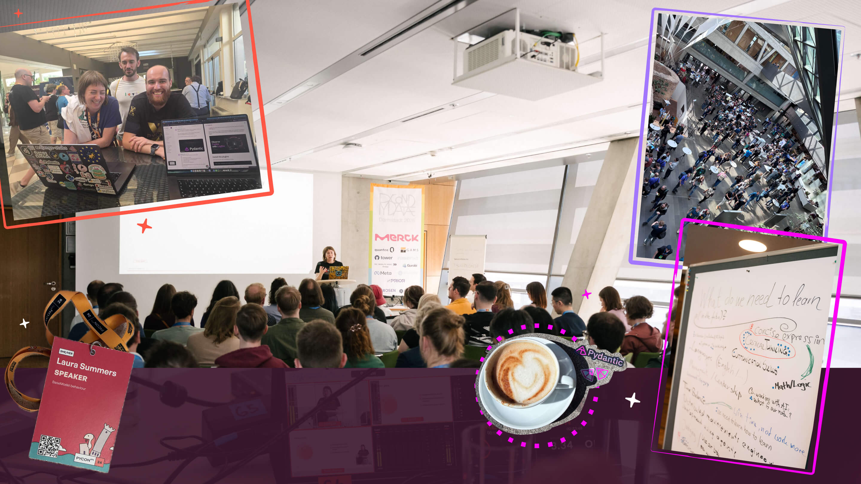 PyData London 2026 - speaker badge, conference room, whiteboard, and the people worth staying for