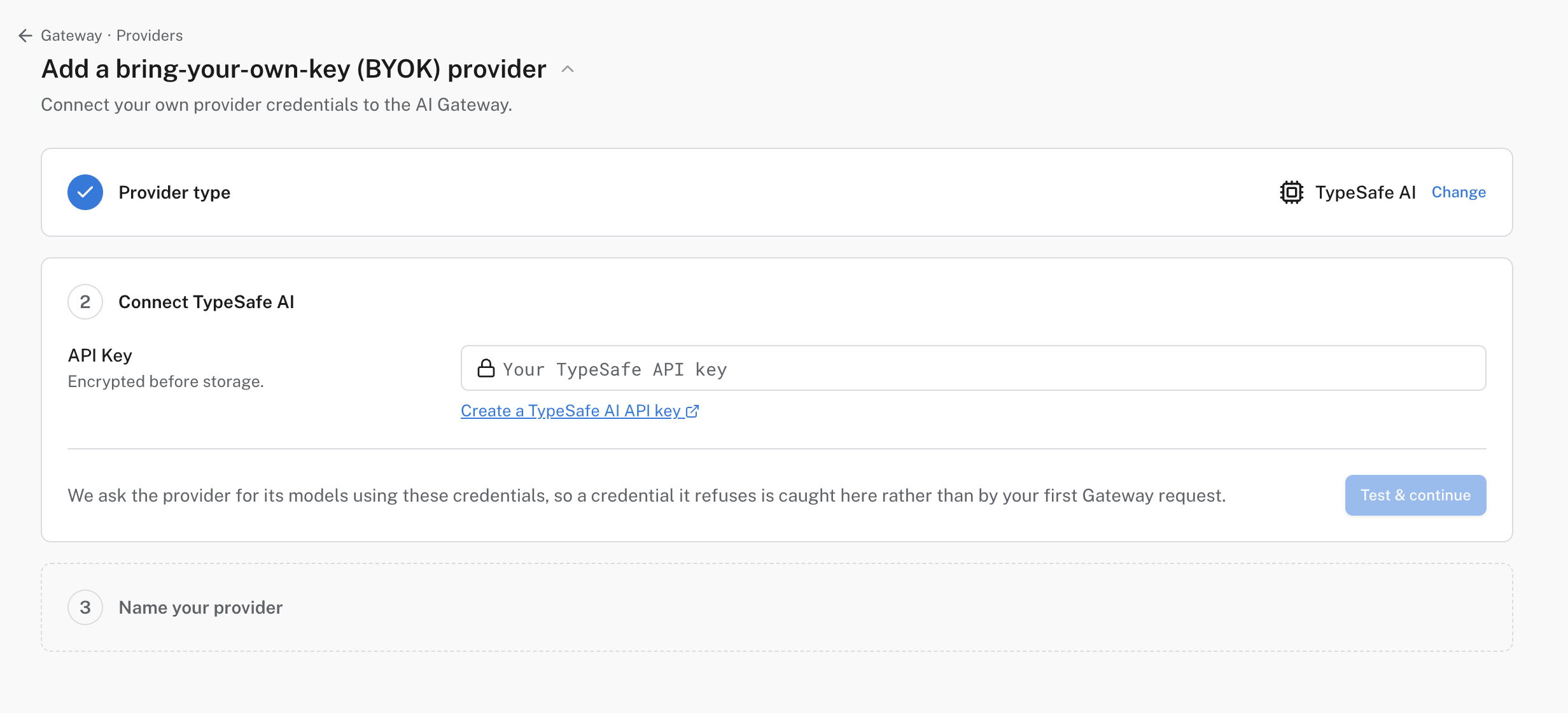The TypeSafe AI API key step of the add provider form, with a Test and continue button