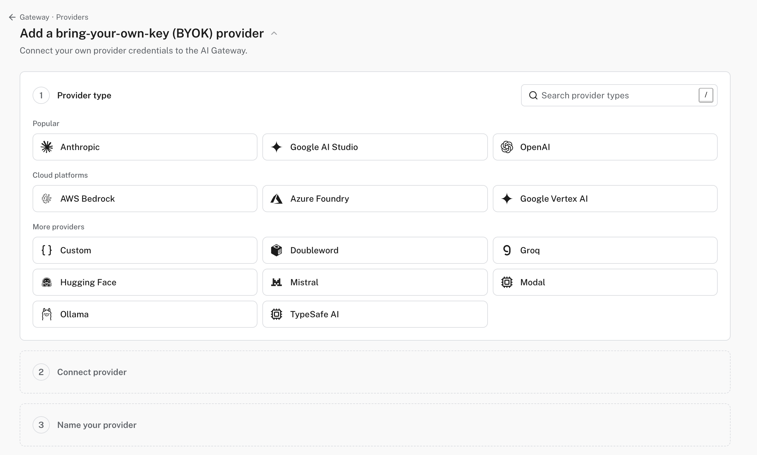 The Gateway's add provider form, listing TypeSafe AI next to the other bring-your-own-key providers