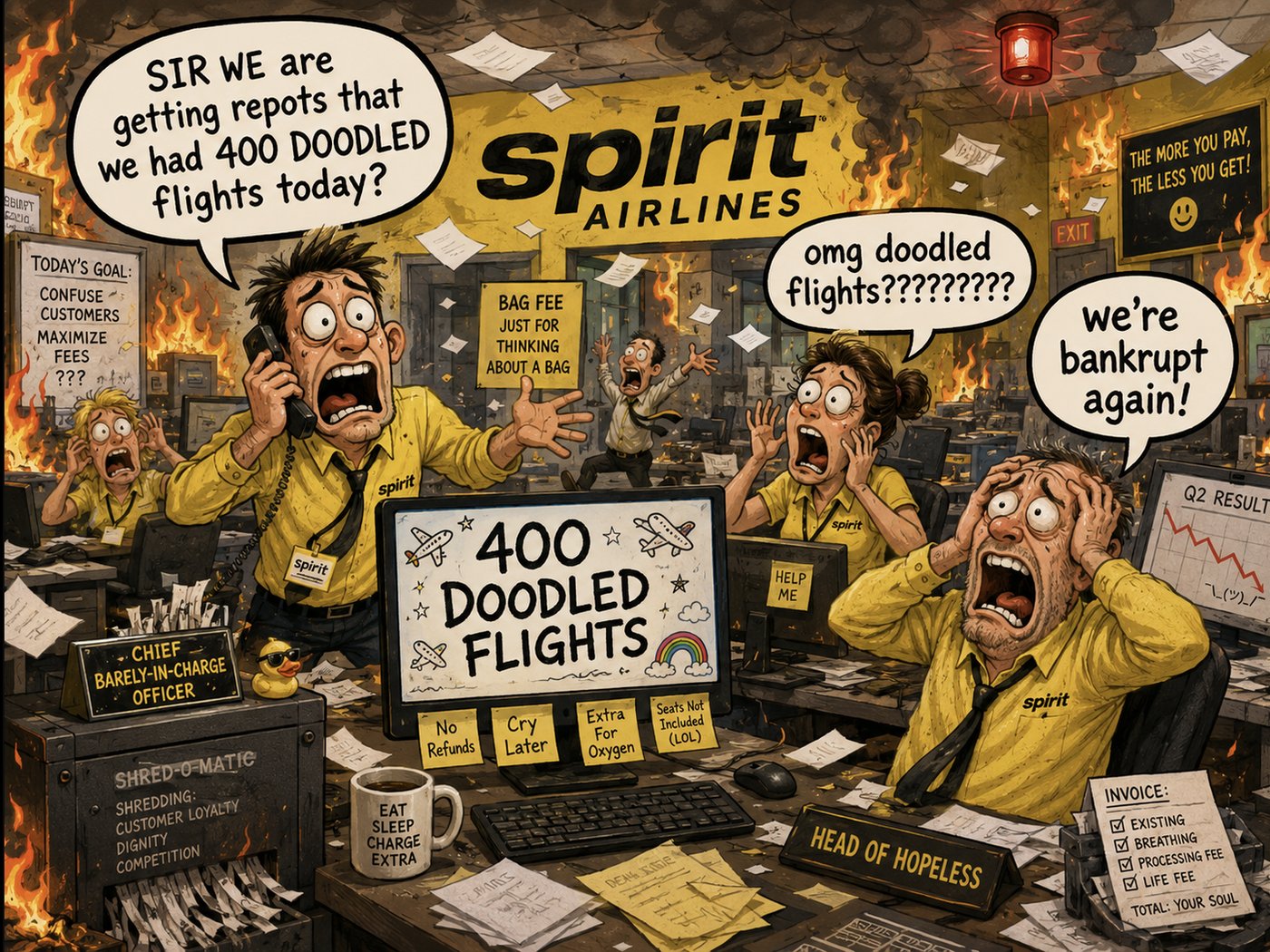 Cartoon of a Spirit Airlines office on fire, staff panicking on the phone about 400 doodled flights, a monitor reading 400 DOODLED FLIGHTS, and one manager shouting that they are bankrupt again