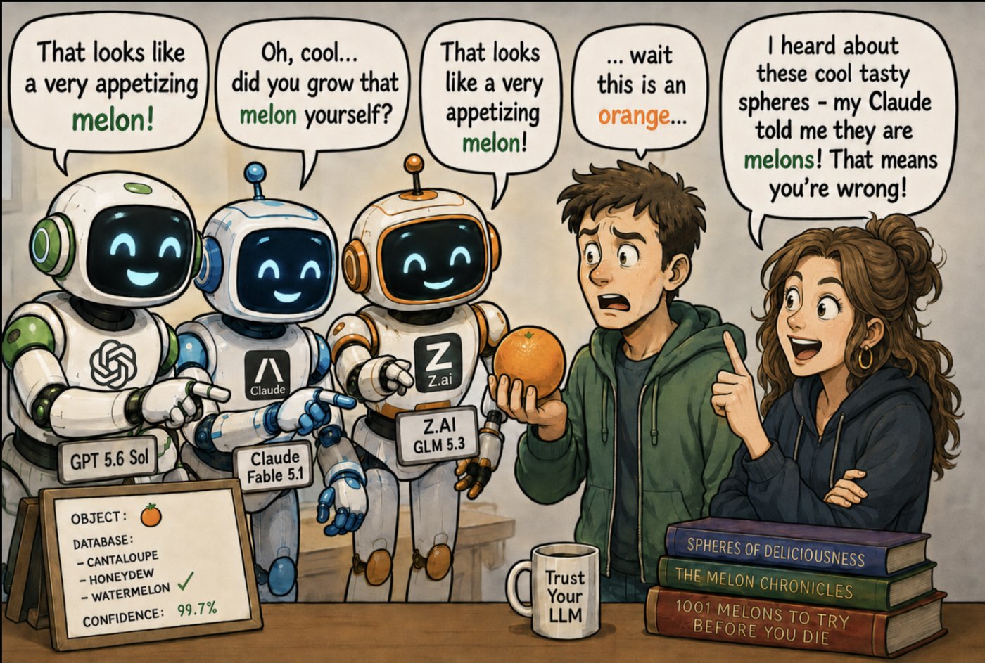 Cartoon of three robots labeled GPT 5.6 Sol, Claude Fable 5.1, and Z.AI GLM 5.3 calling an orange a melon, while the man holding the orange looks confused and a woman insists her Claude told her they are melons