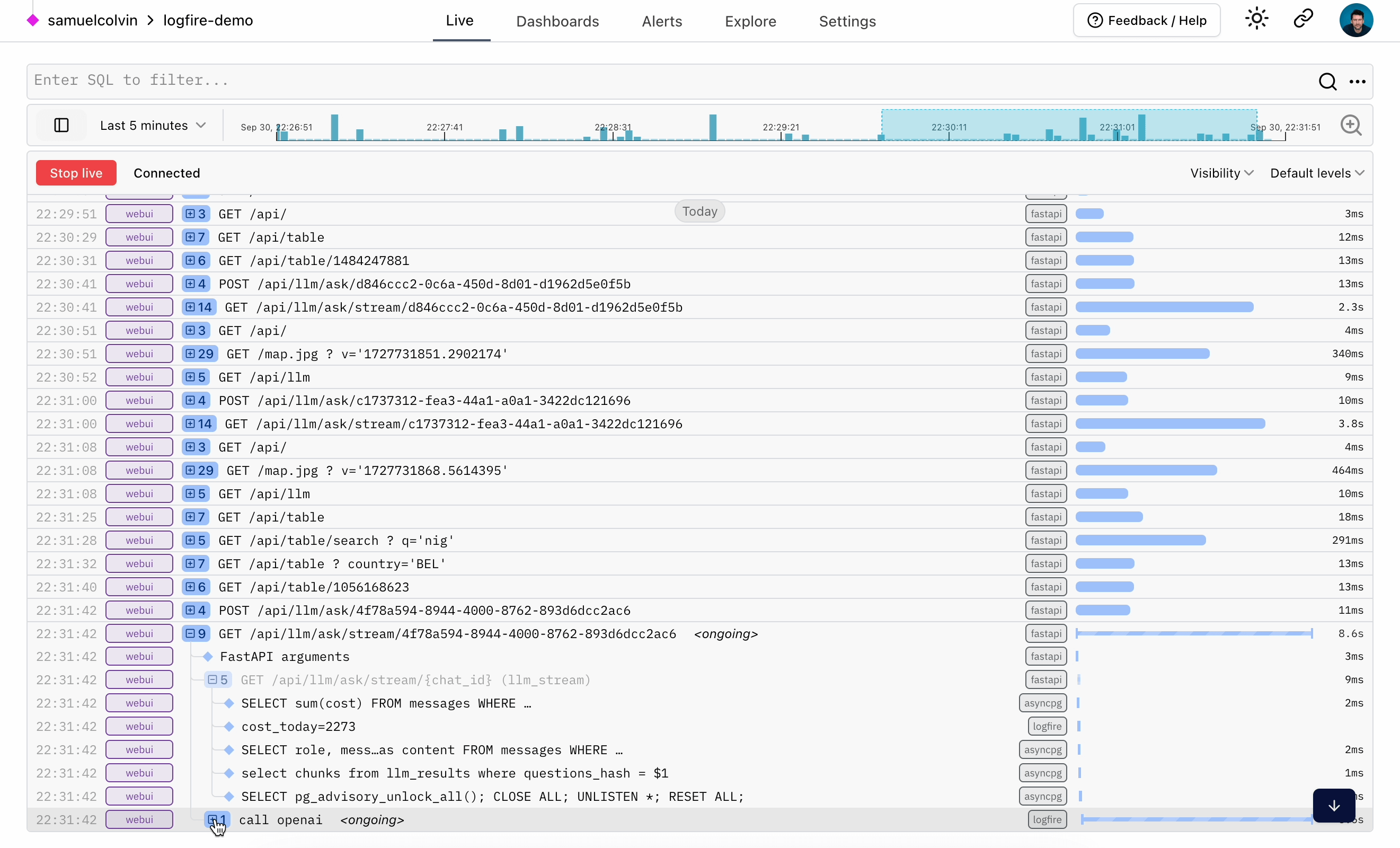 Logfire Platform — Live View