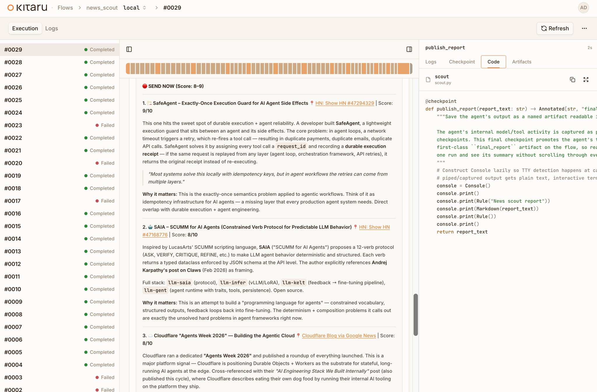 News Scout final report artifact in the Kitaru dashboard