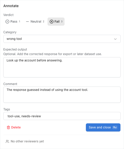 A focused Logfire annotation form showing a failed verdict, failure category, expected output, reviewer comment, and tags.