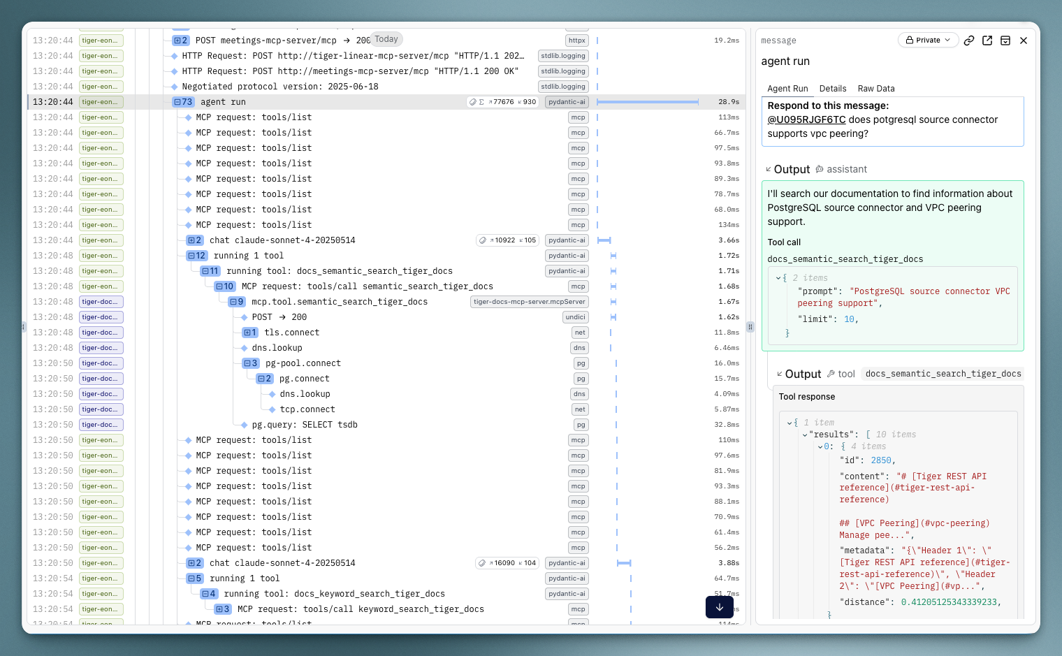 Pydantic Logfire distributed tracing dashboard showing complete AI Agent Run with system prompts, user prompts, tool interactions, and LLM responses in a structured trace view