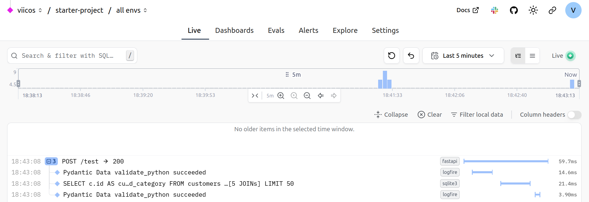 Logfire trace showing FastAPI request breakdown with Pydantic validation and SQL query spans for a heavy payload