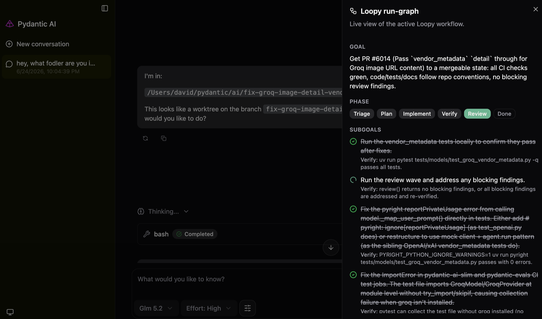 Loopy's live run-graph: a goal split into subgoals that each carry their own verification, moving through Triage, Plan, Implement, Verify, Review, and Done, with a running decisions log.