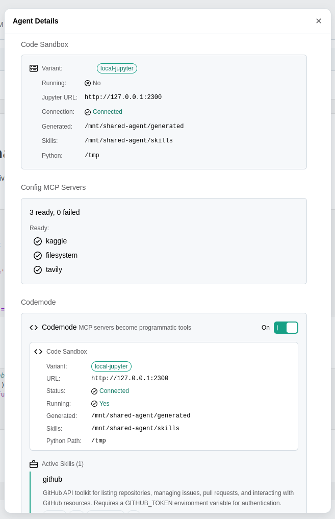 Agent details panel displaying token usage, system prompts, and tool definitions for a Pydantic AI data analysis agent