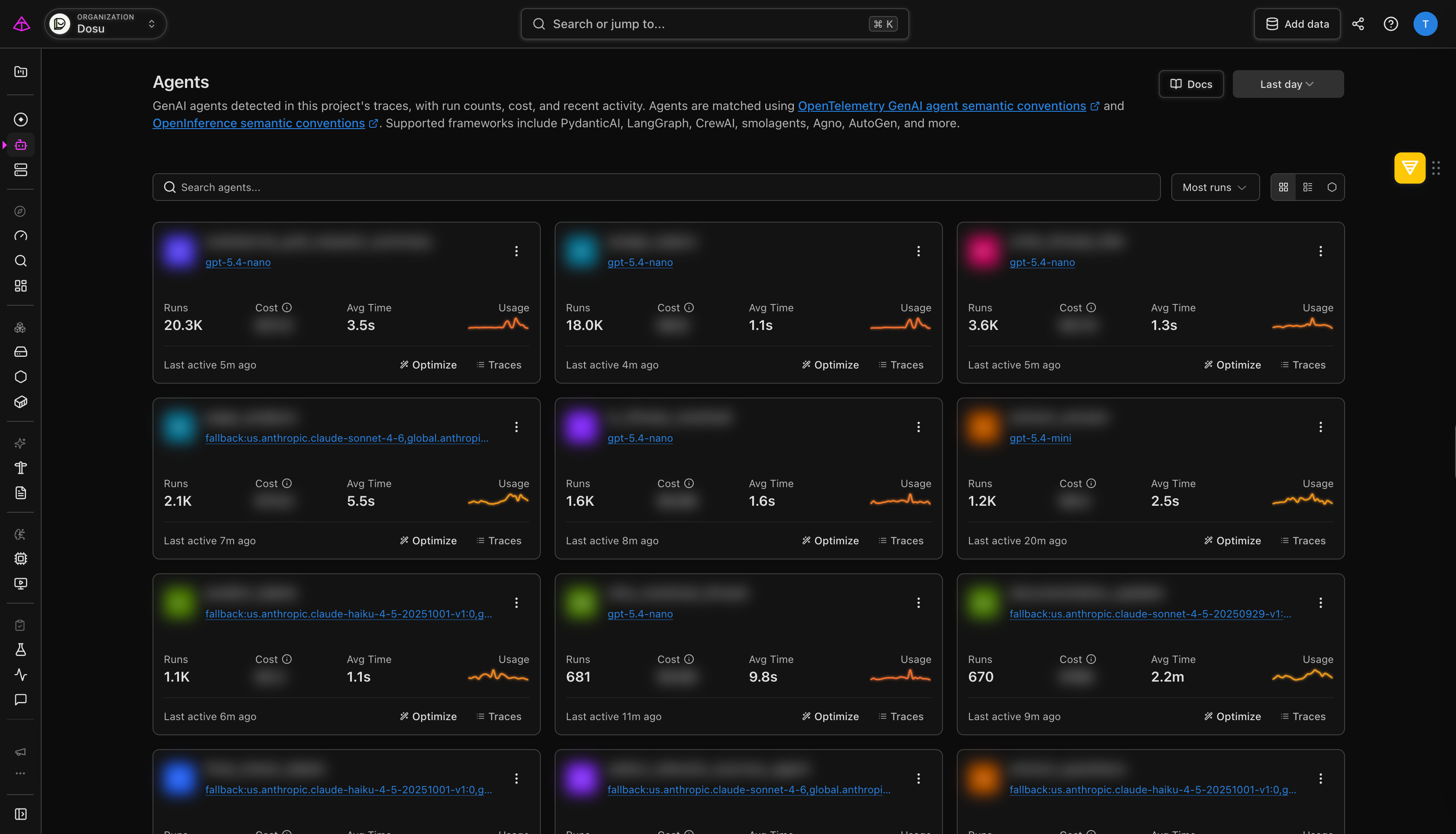 Logfire agents dashboard showing Dosu's fleet of agents with run counts, cost, average time, and recent usage for each