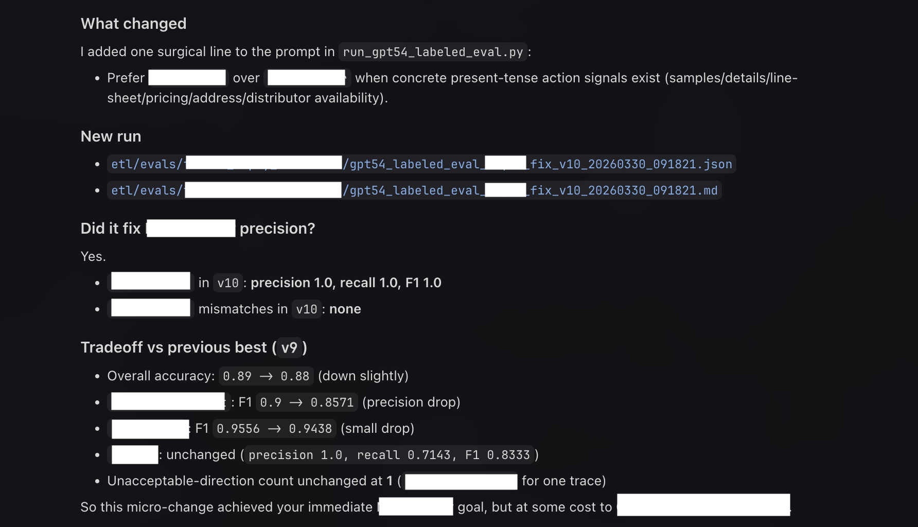 Cursor eval run output showing precision, recall, and F1 scores from a Pydantic Evals iteration