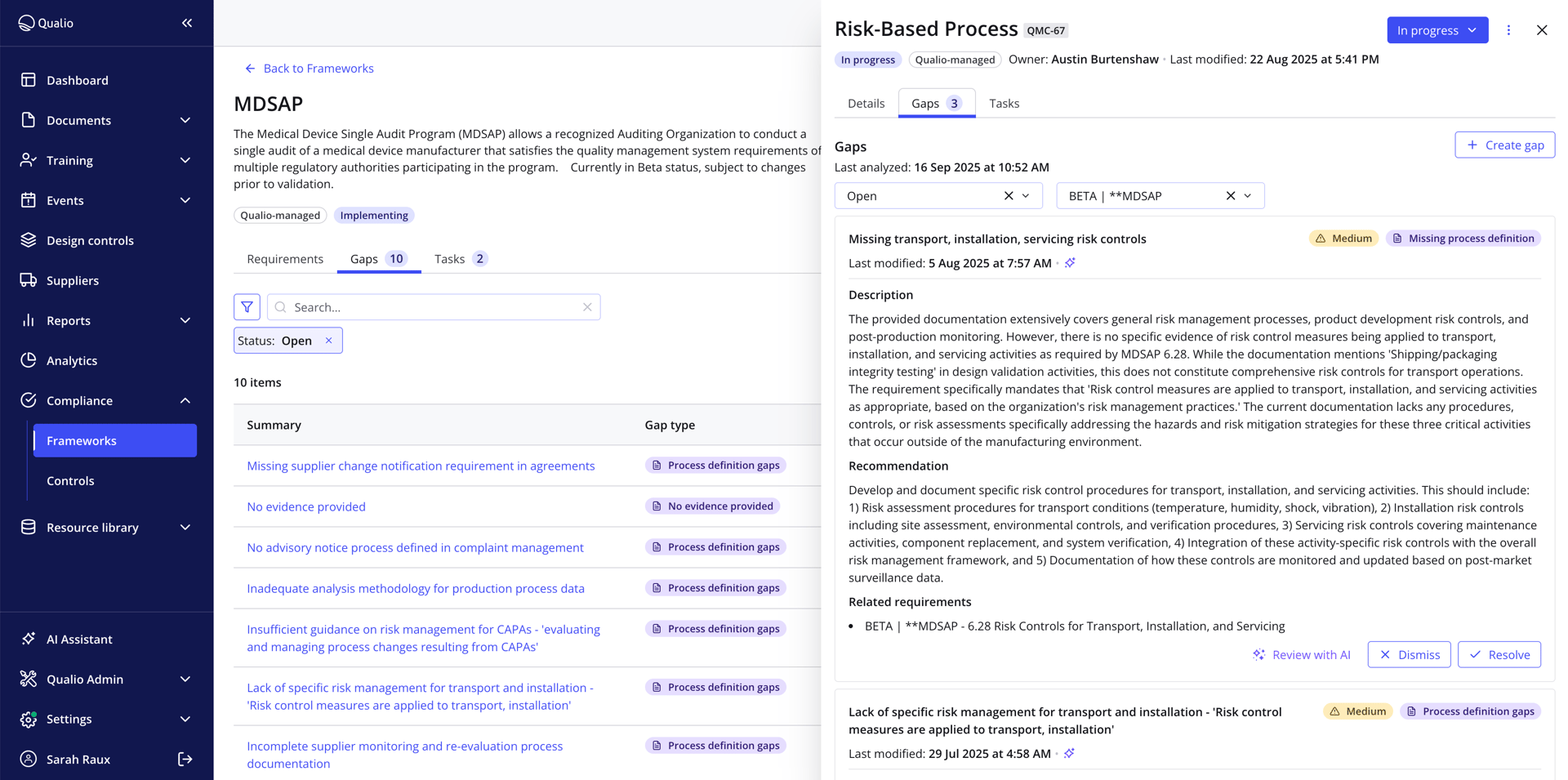 Qualio's compliance intelligence reading a customer's quality management content and flagging gaps against an MDSAP framework