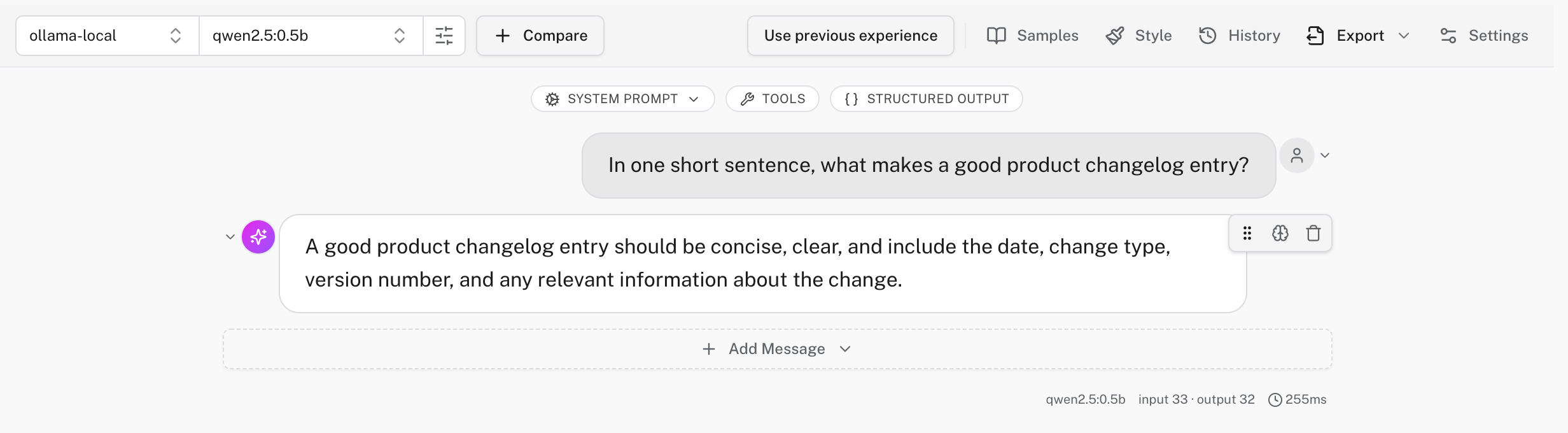 Gateway Playground chat with a conversation turn and its token, latency, and cost line