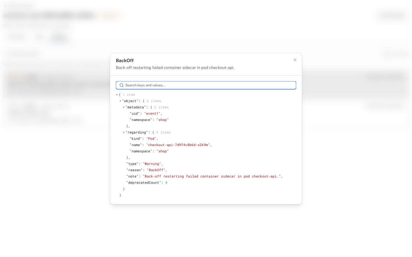A synthetic pod's BackOff event opened in the detail dialog, showing its Warning type, affected pod, message, and reported count