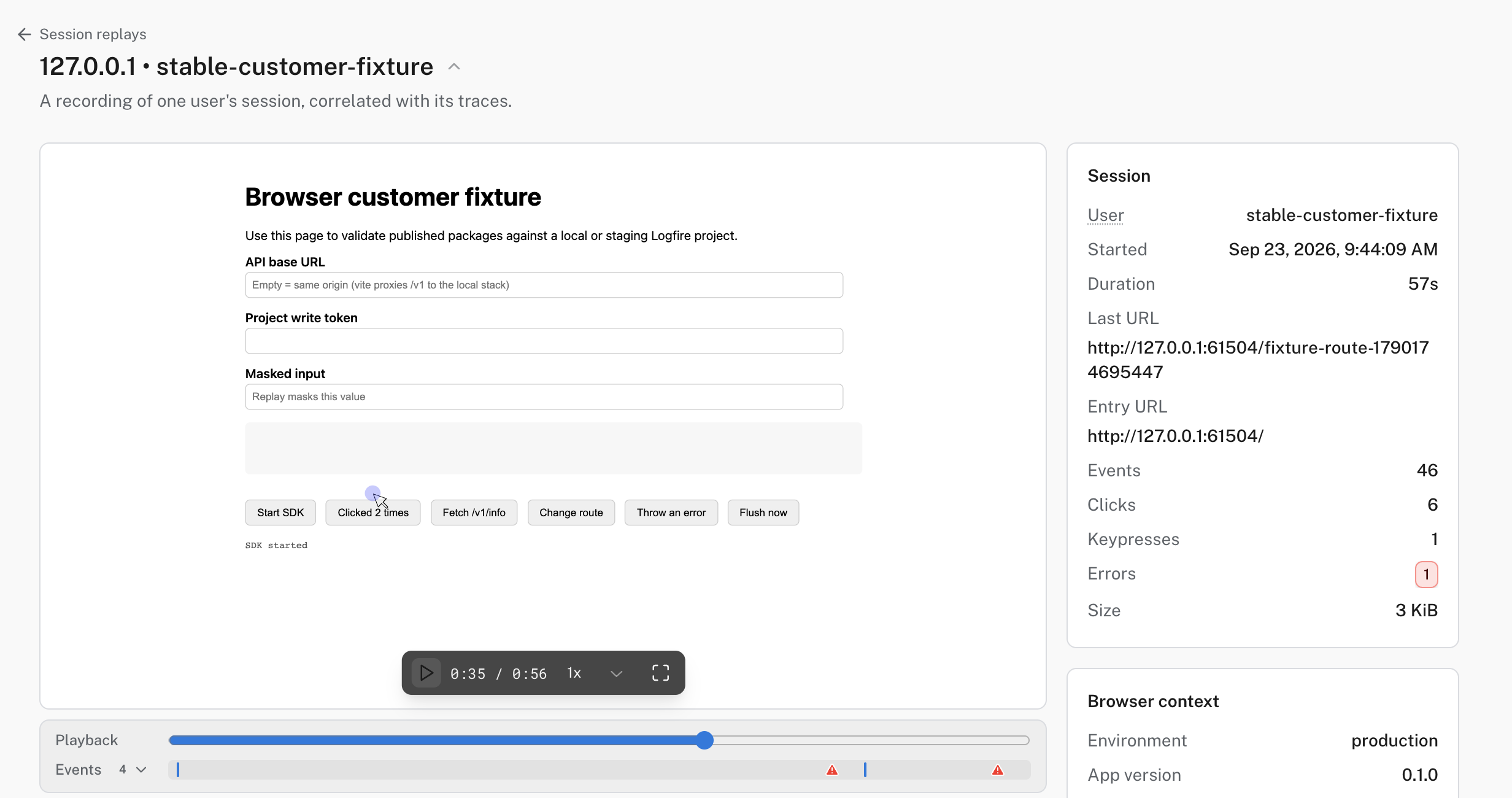 Session replay player mid-playback with a masked input field, an error timeline, and session and browser context in the side panel