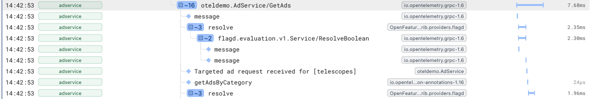 A Logfire trace of a Java gRPC request, showing the OpenTelemetry gRPC and annotation instrumentation and the service's own spans