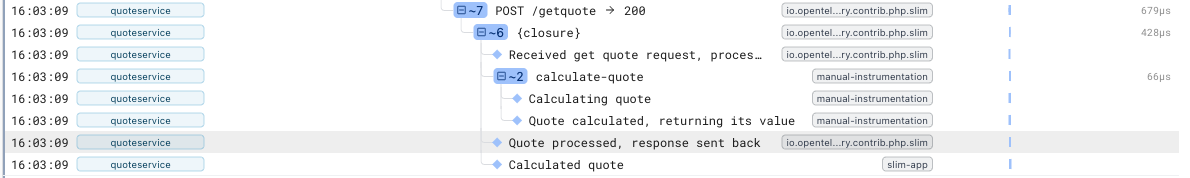A Logfire trace of a PHP request handled by Slim, showing the route, the closure and the service's own spans
