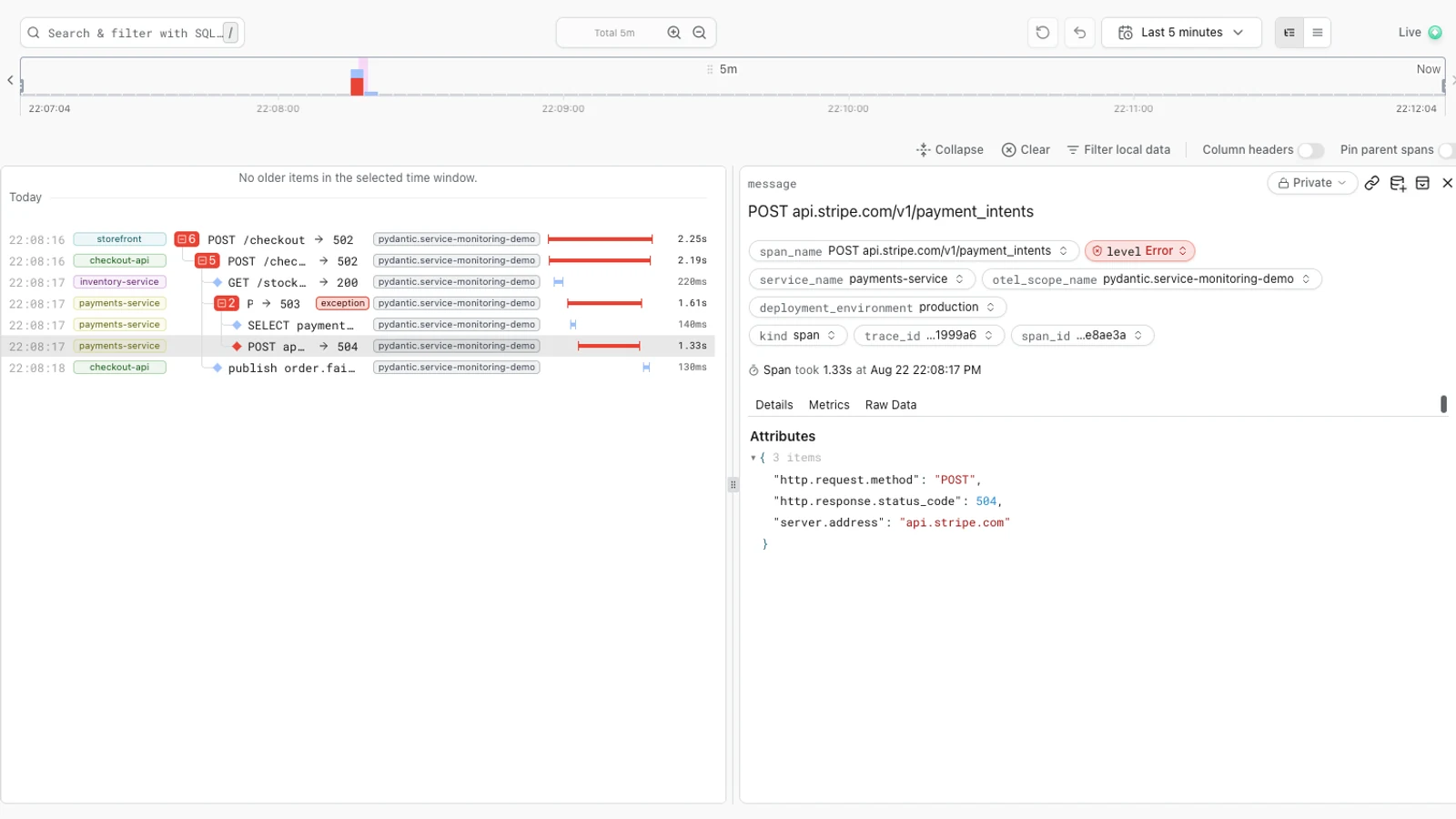 Logfire's live view of a production service: request rate, error rate, latency, and the trace behind them
