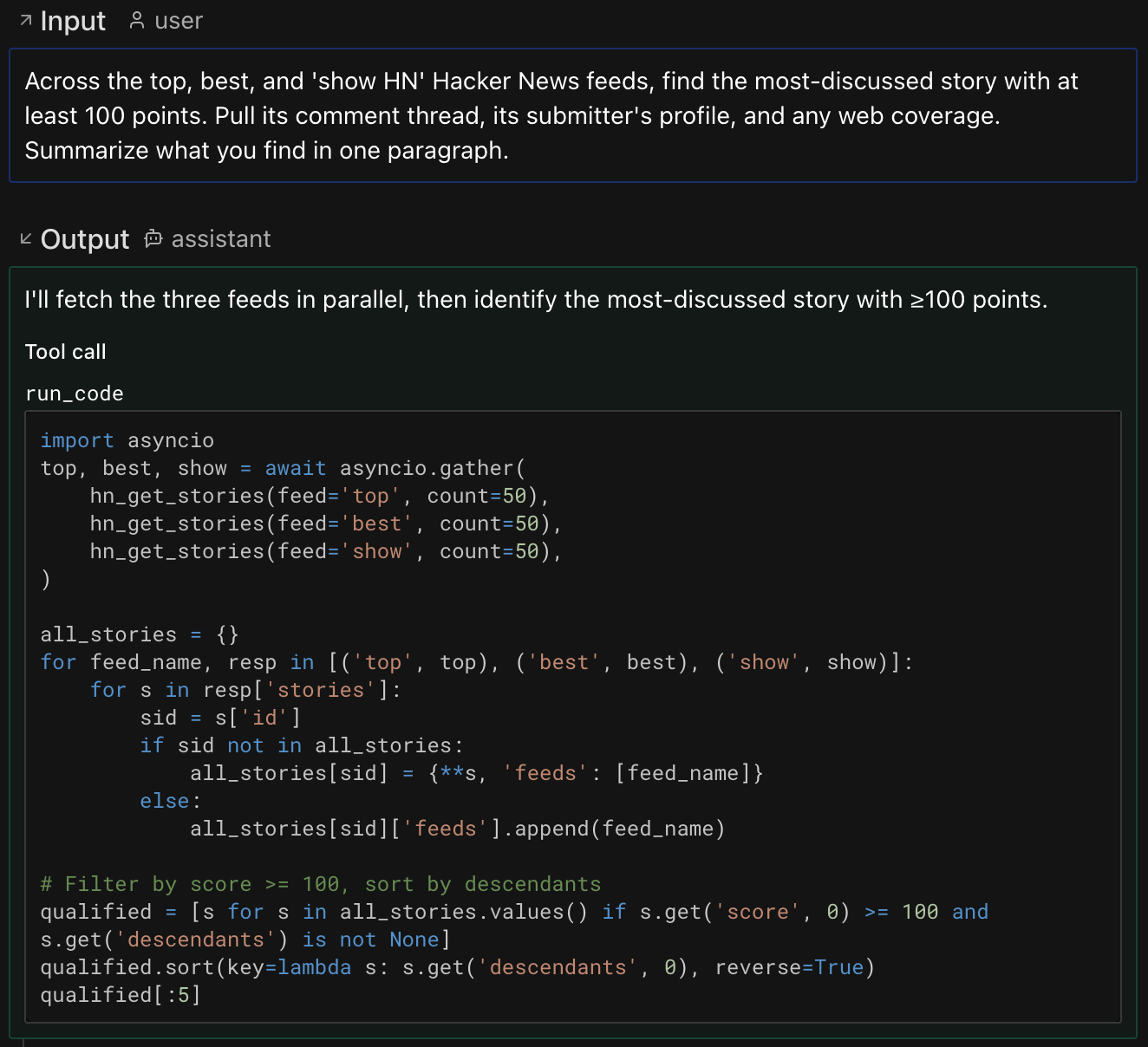 CodeMode's first run_code: parallel asyncio.gather over three HN feeds, then a dedupe and a score filter