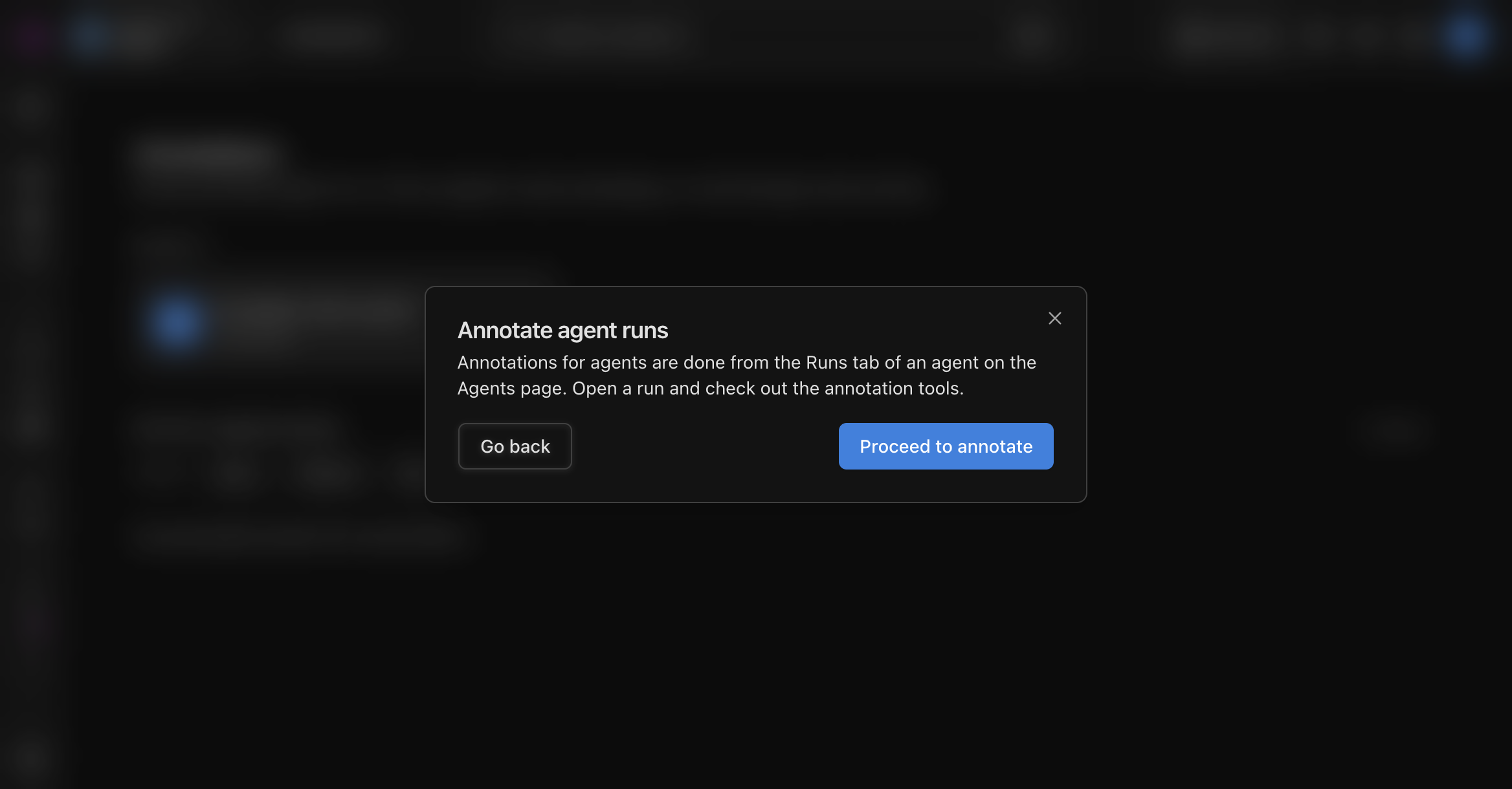 The Annotations page explains that agent annotations are completed from an agent's Runs tab.
