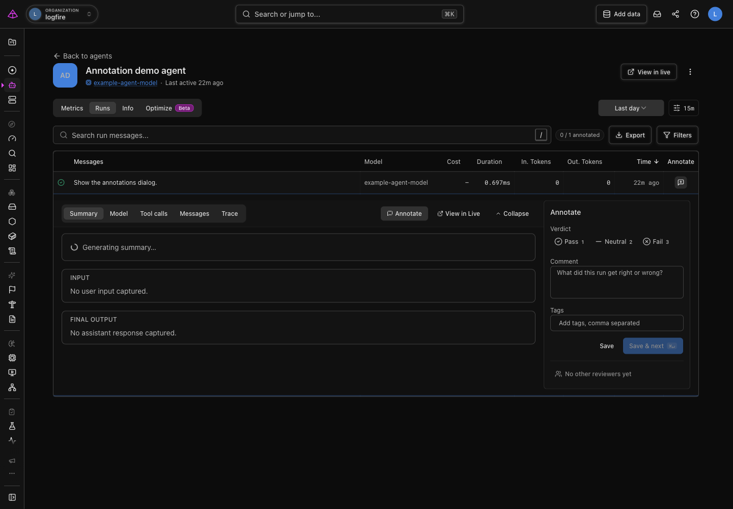 The run annotation panel lets you choose a verdict, write a comment, and add tags.