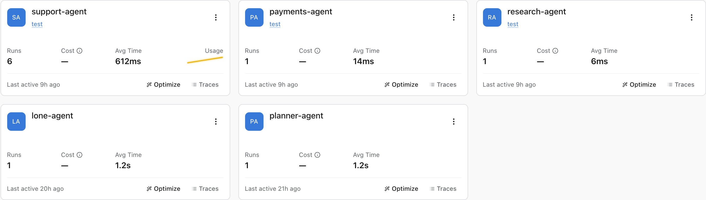 The Agents list, one card per detected agent