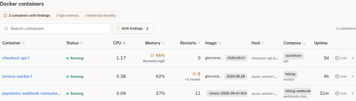 Docker container findings summary and filter