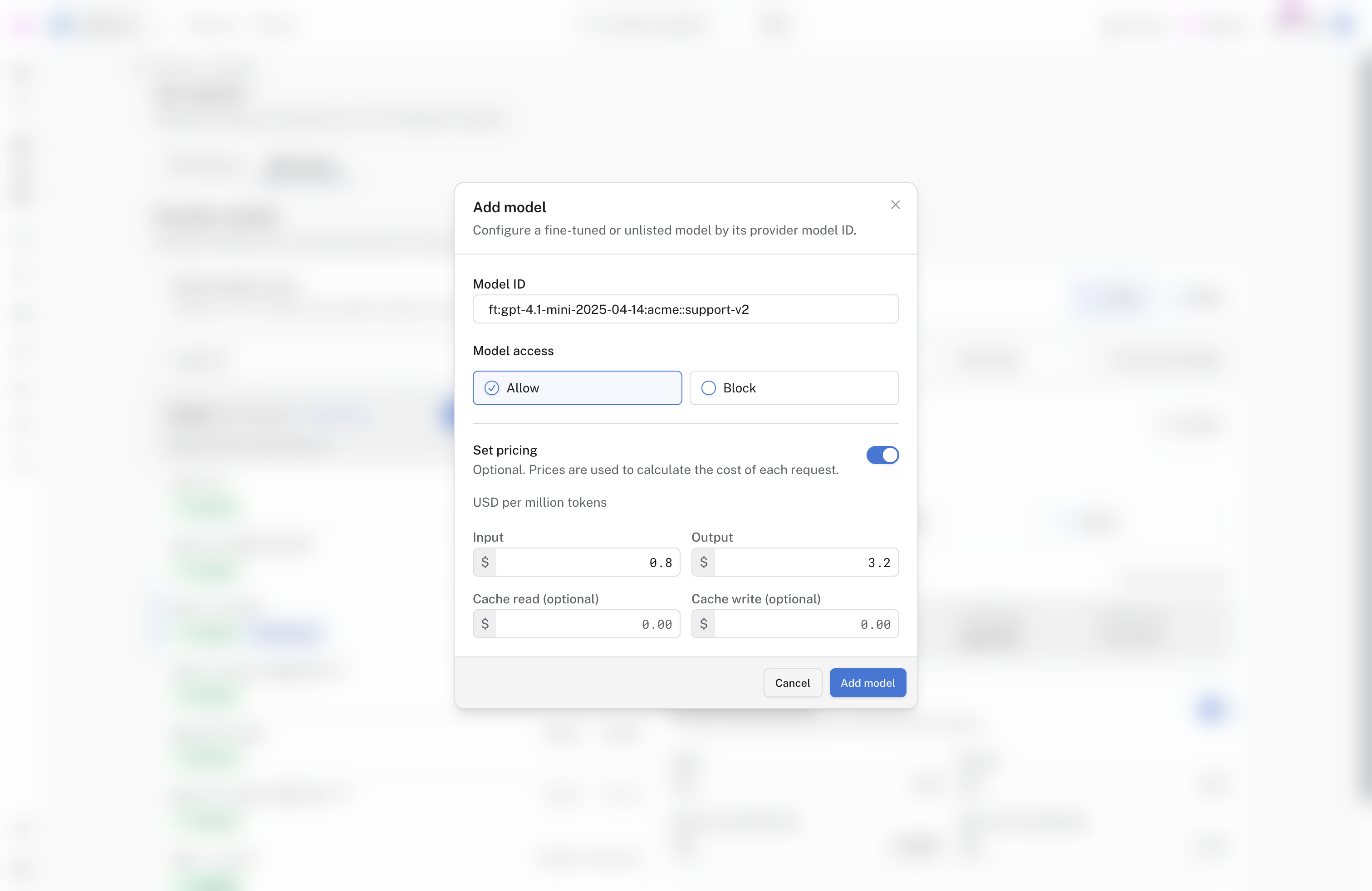 The Add model dialog with a fine-tuned model ID, access set to Allow, and custom input and output prices
