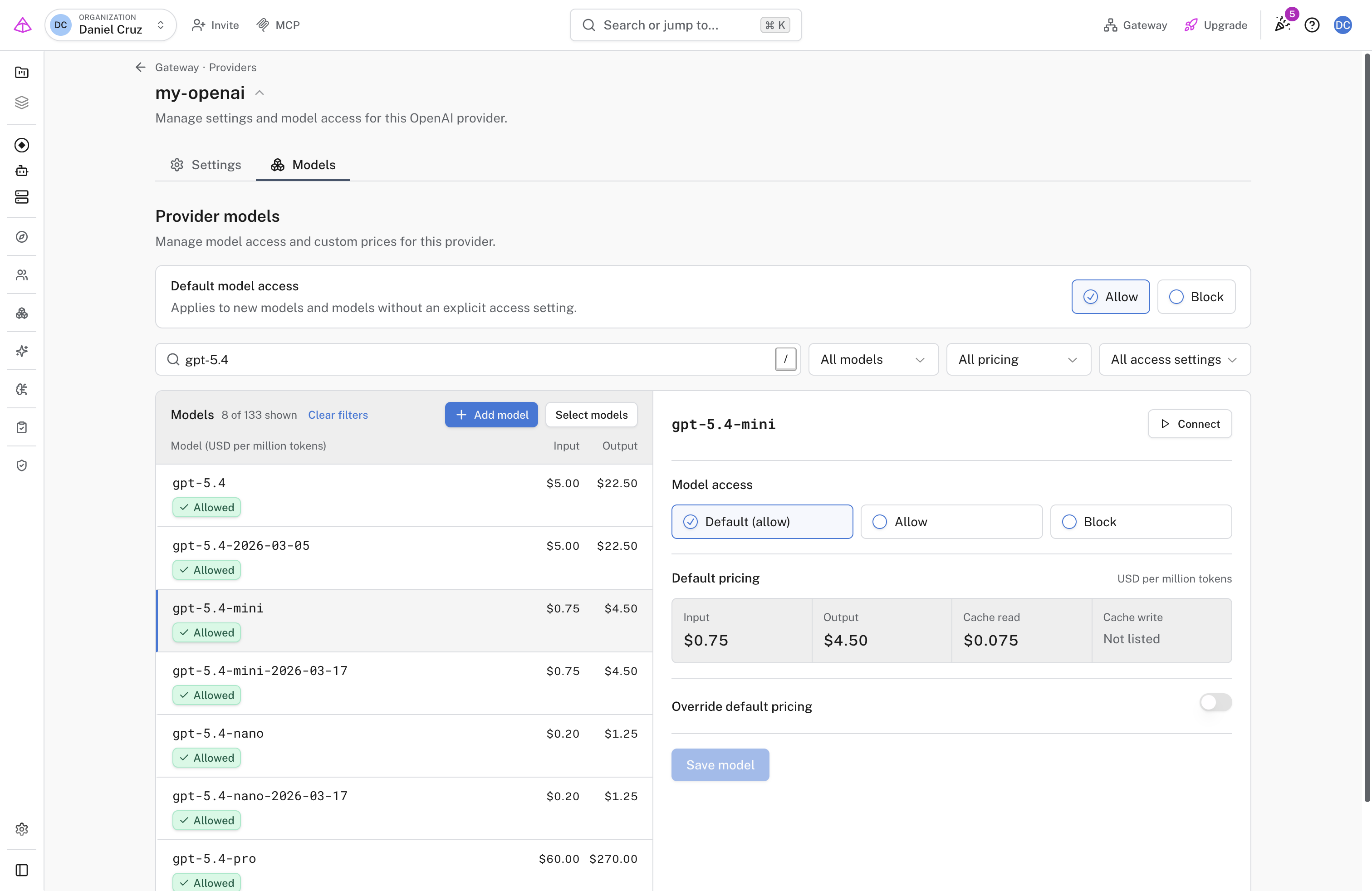 The Models tab for an OpenAI BYOK provider, searched for gpt-5.4, with Default model access set to Allow and gpt-5.4-mini selected