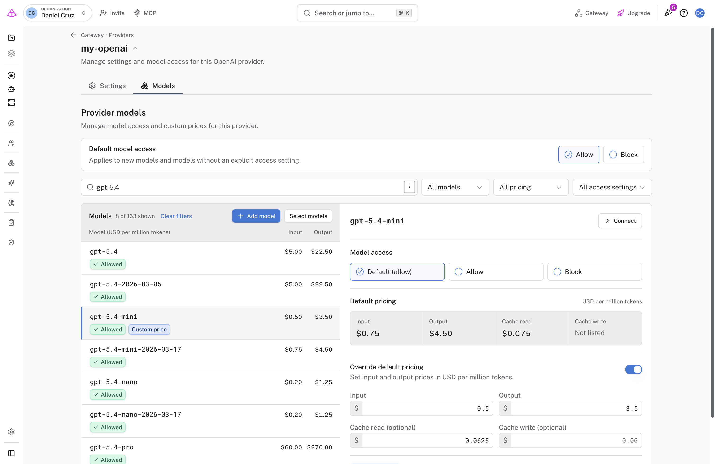 Overriding the catalog price of gpt-5.4-mini with custom input, output, and cache read prices
