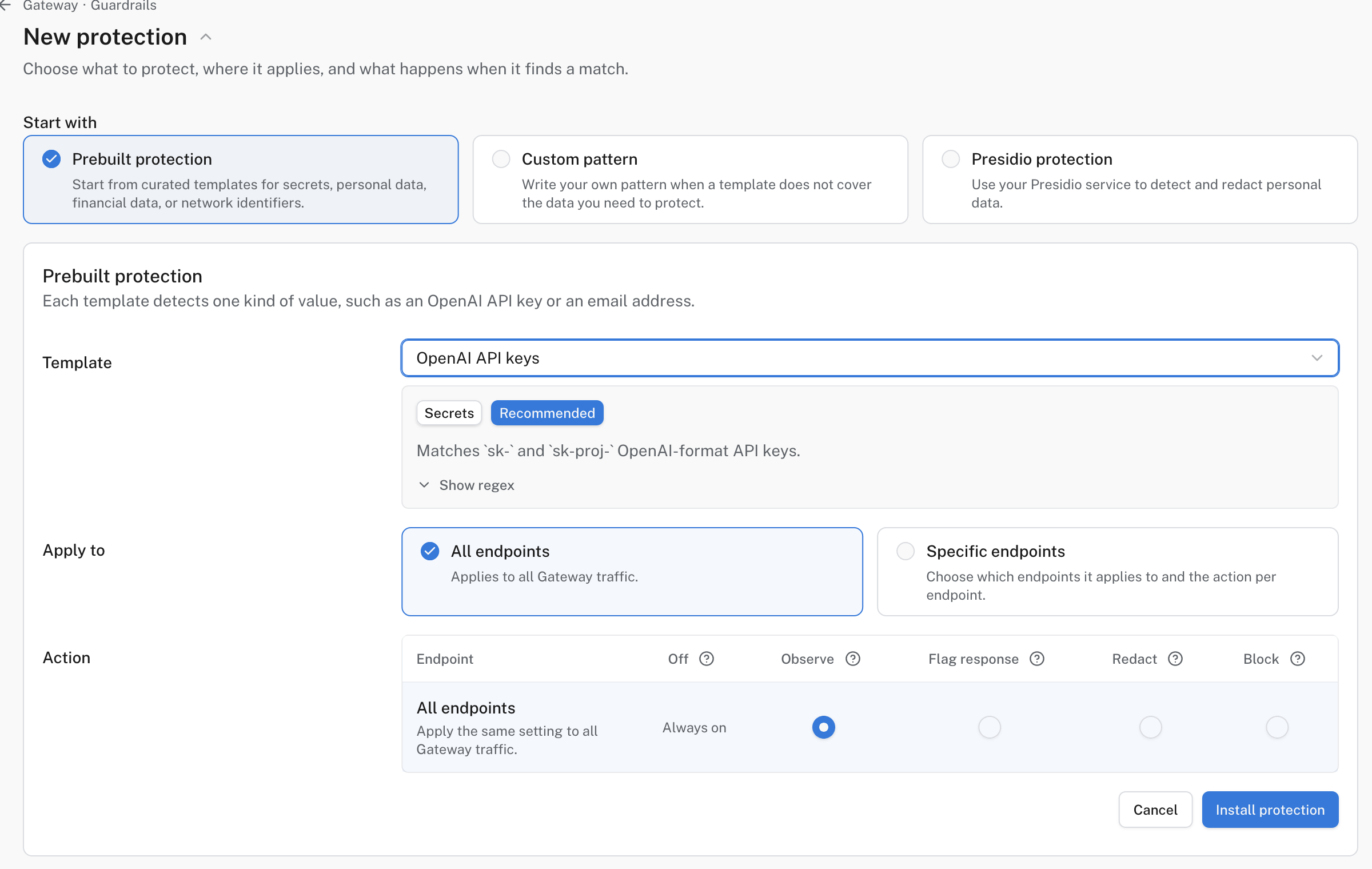 A prebuilt OpenAI API key protection with its endpoint targeting and action choices