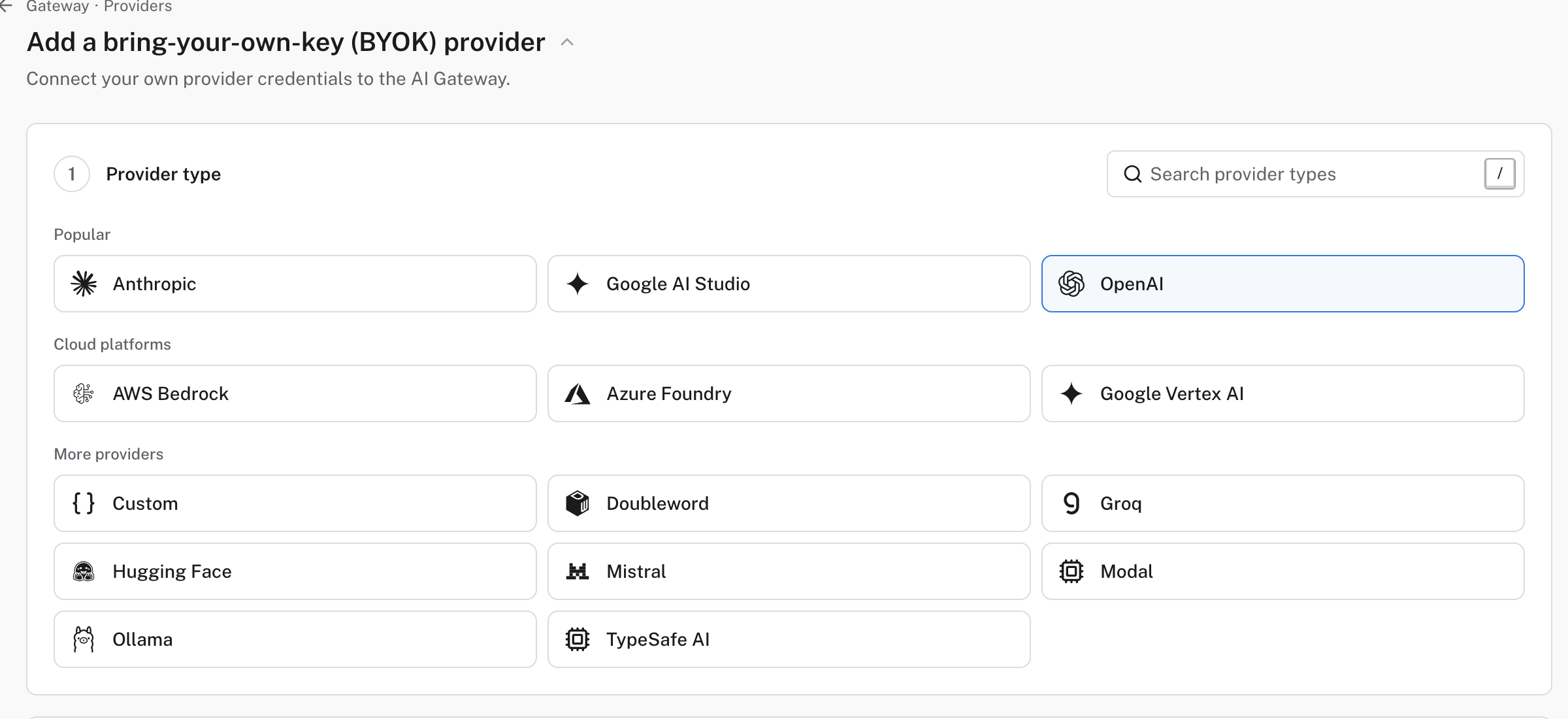 The provider type choices in the Add BYOK provider flow