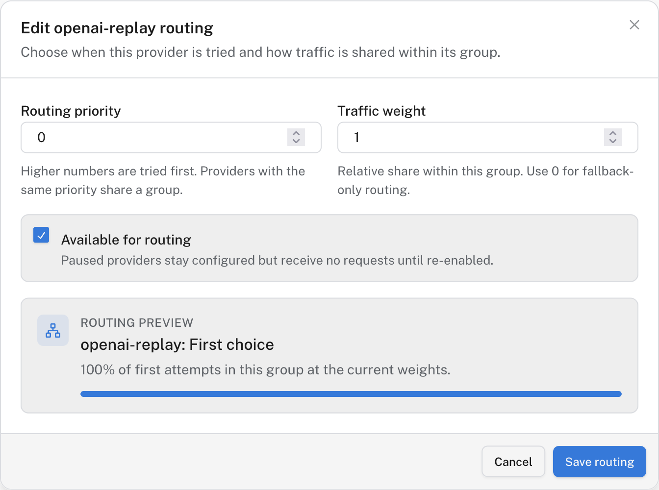 The routing editor showing priority, weight, availability, and the first-attempt preview for a sample provider