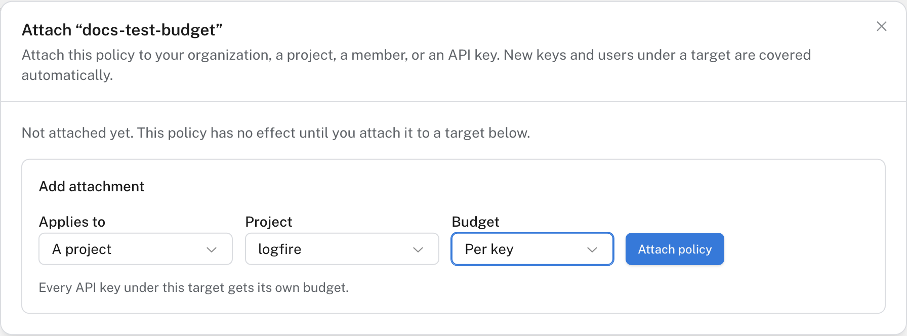Attaching a spending policy to a project with a separate budget per API key