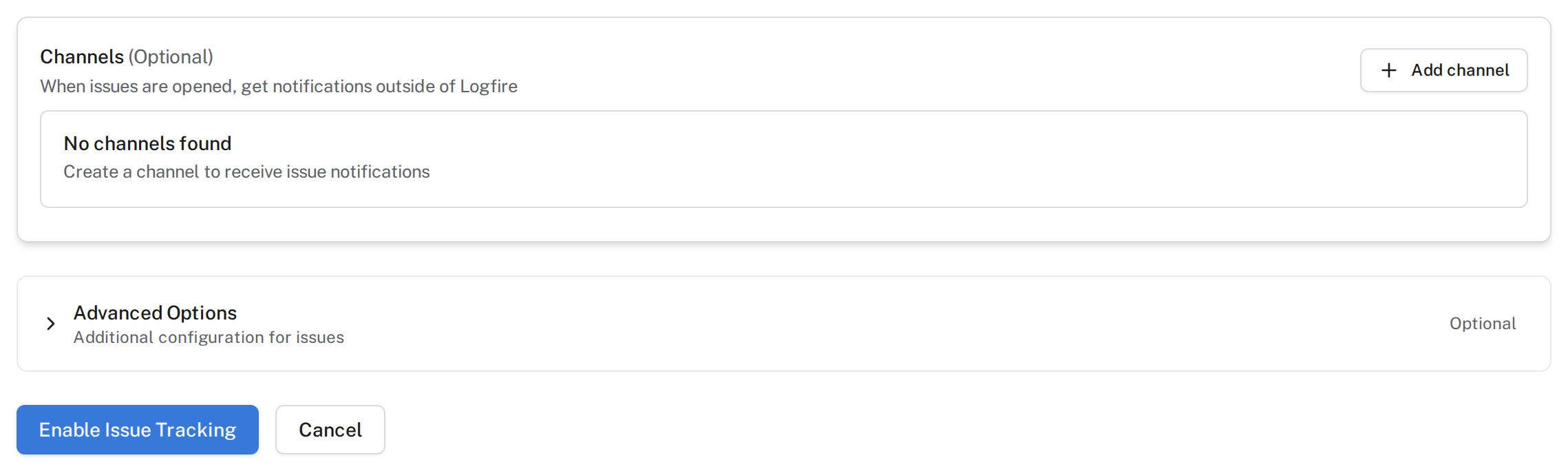 Issue tracking setup with optional notification channels, advanced options, and the Enable Issue Tracking button.