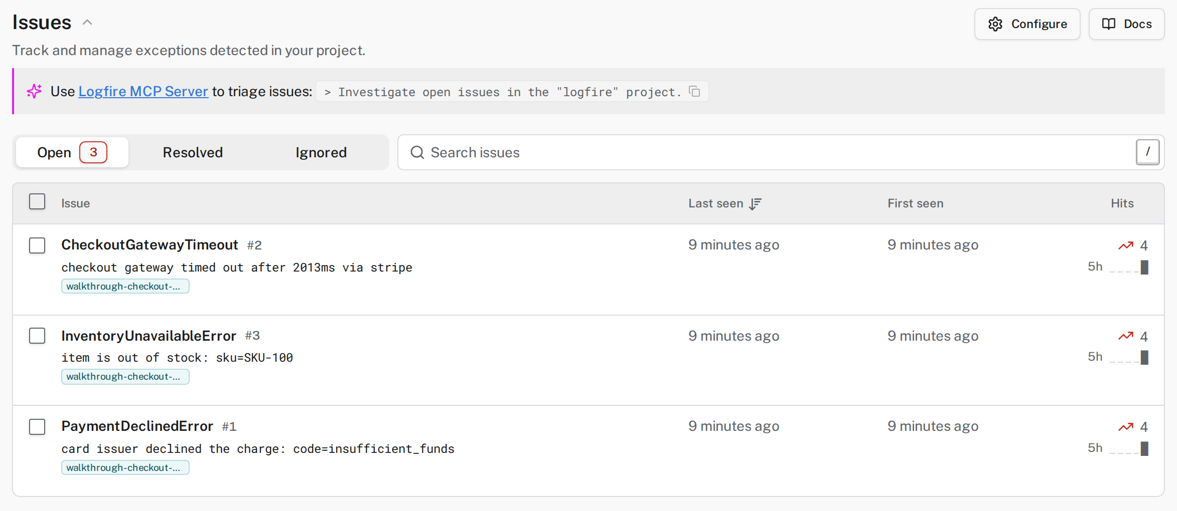 Three open checkout issues, each with four hits, alongside state tabs, search, and configuration controls.