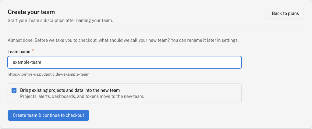 Name the team and choose whether to move existing projects and data