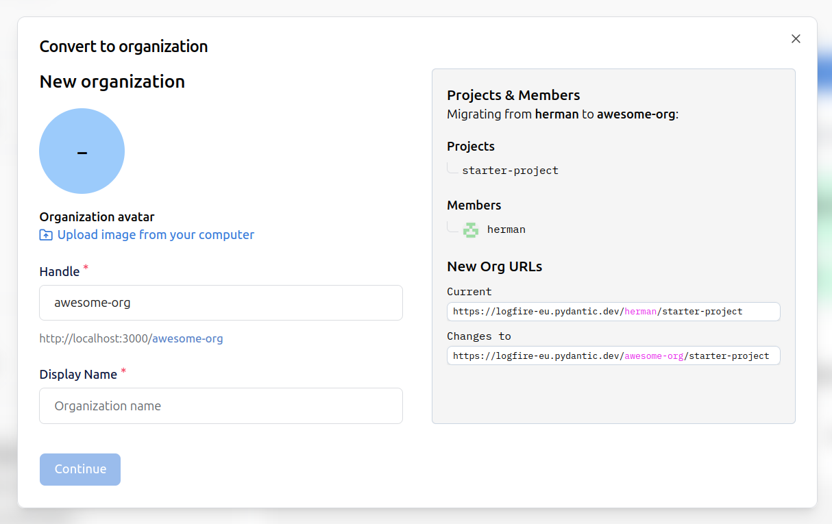 Set up new organization modal