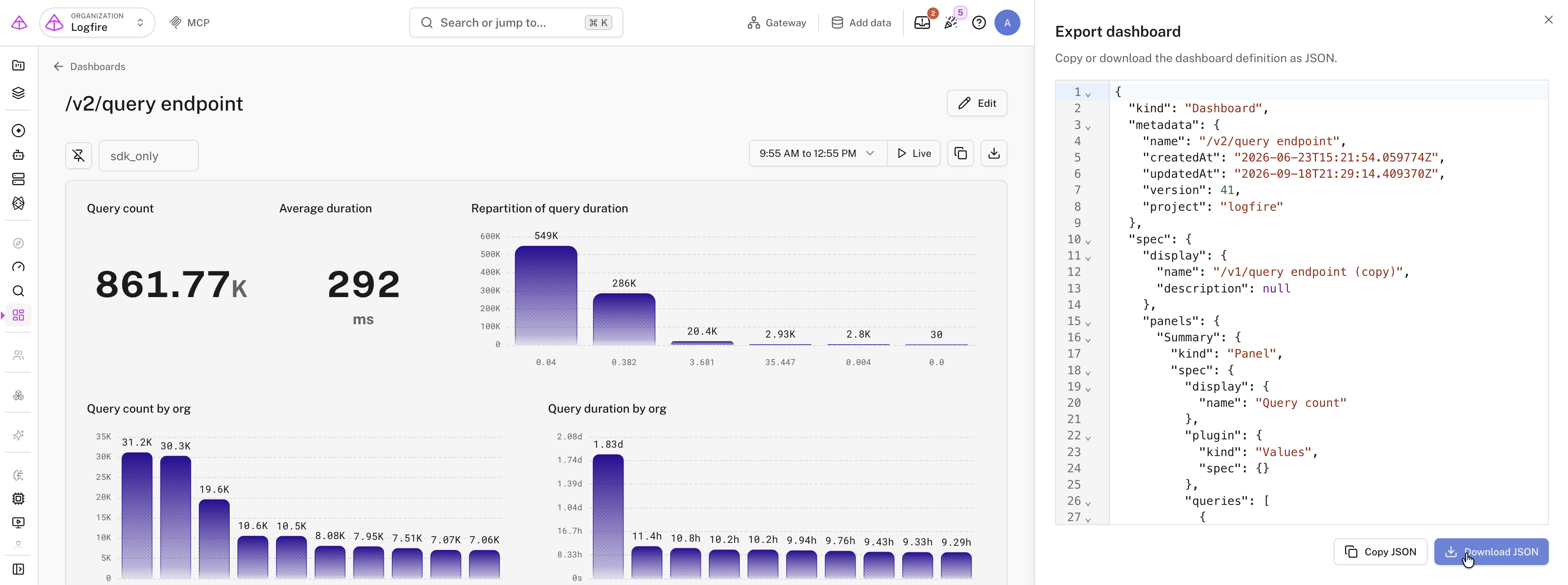 The dashboard export flyout