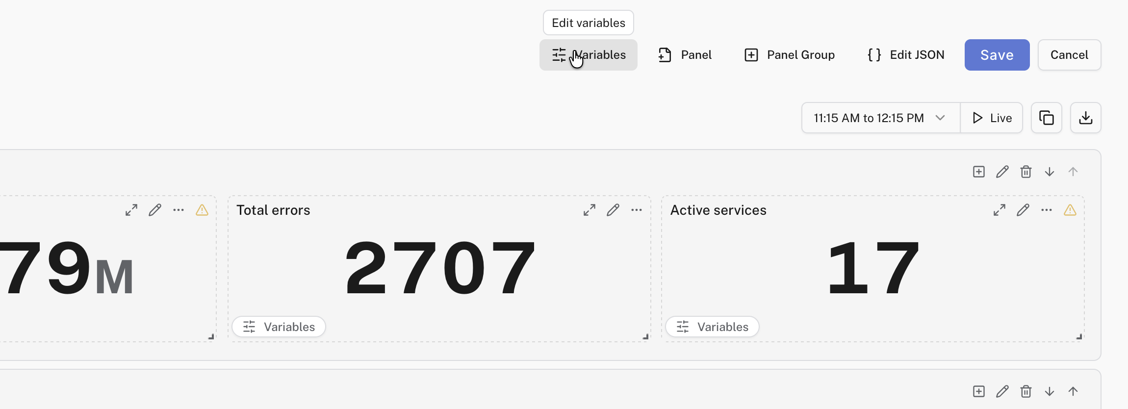 A dashboard toolbar highlighting the edit variables button