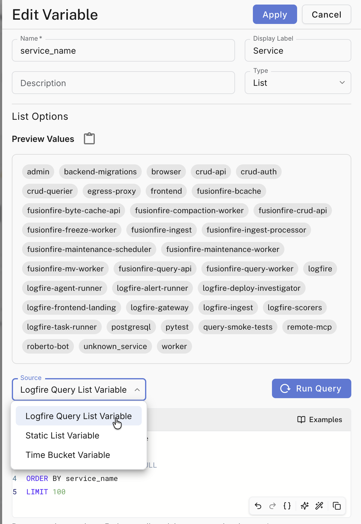 A dashboard variable editor showing the source dropdown
