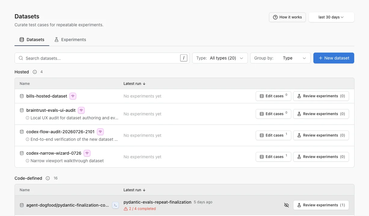 Find datasets by name, type, or path prefix