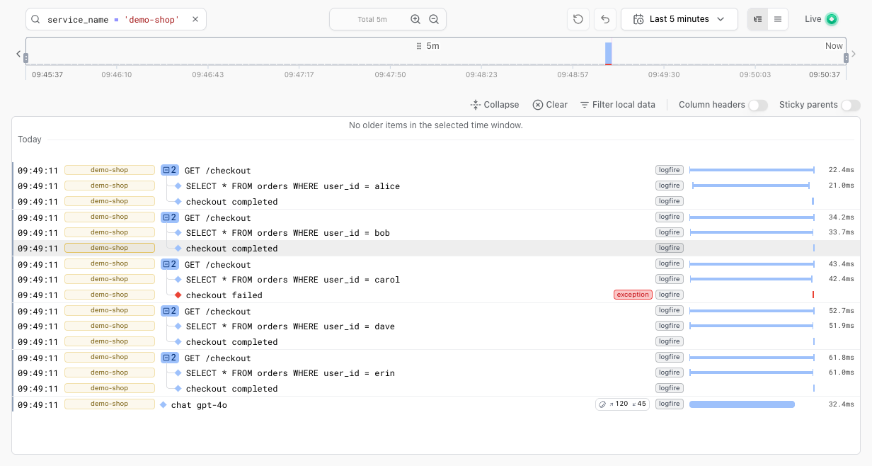 The Live view filtered to slow GET /checkout requests: each request shows its nested database query span, with duration bars on the right