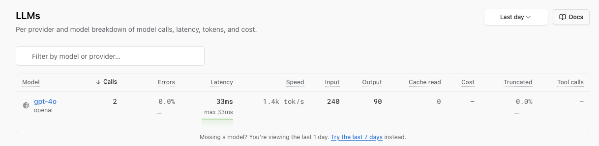 The LLMs and providers view: a per-model breakdown of calls, errors, latency, tokens, and cost