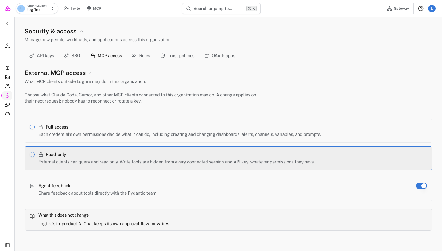 Organization MCP access settings with Read-only selected and agent feedback enabled