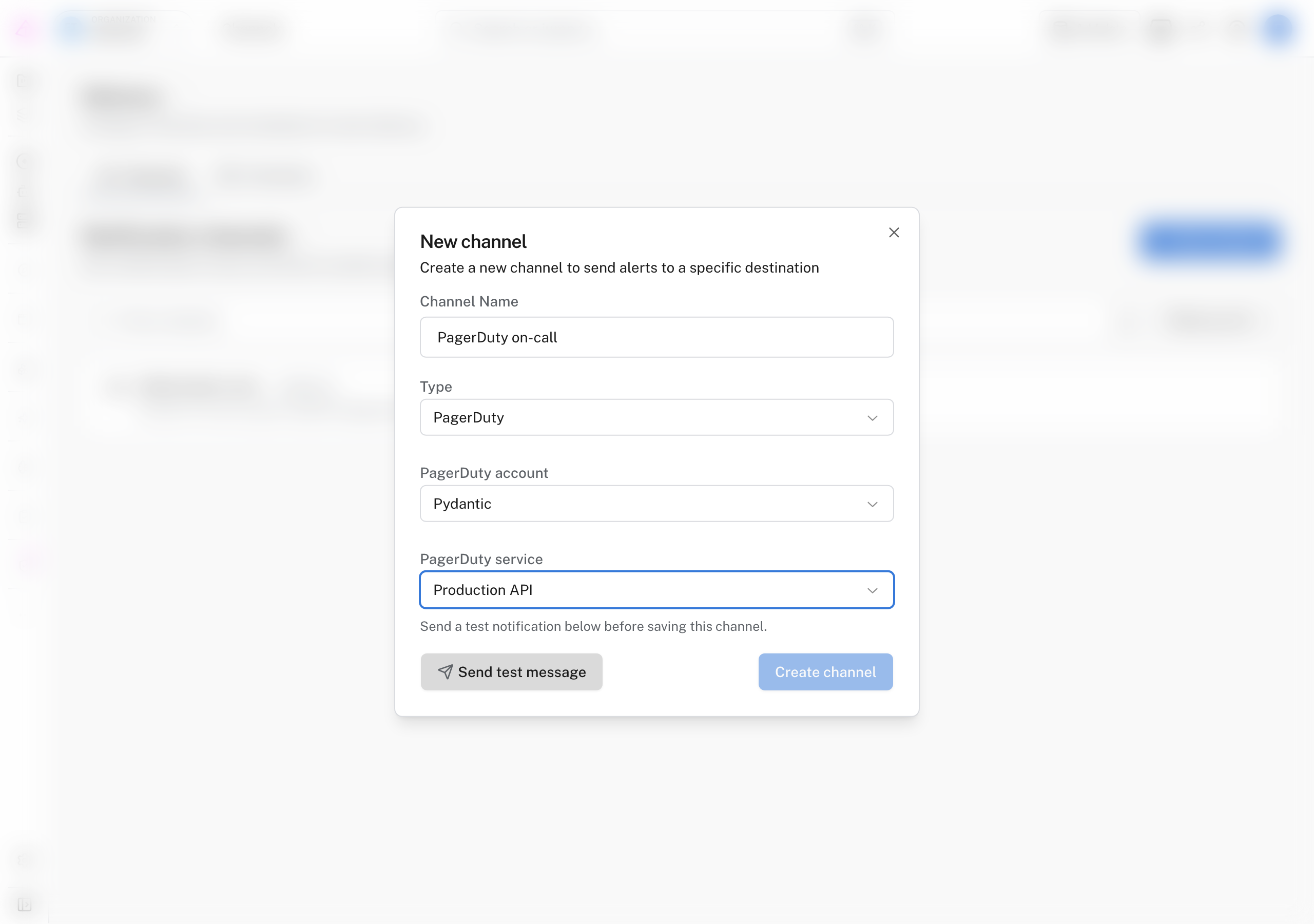 The New channel dialog with a PagerDuty account and service selected