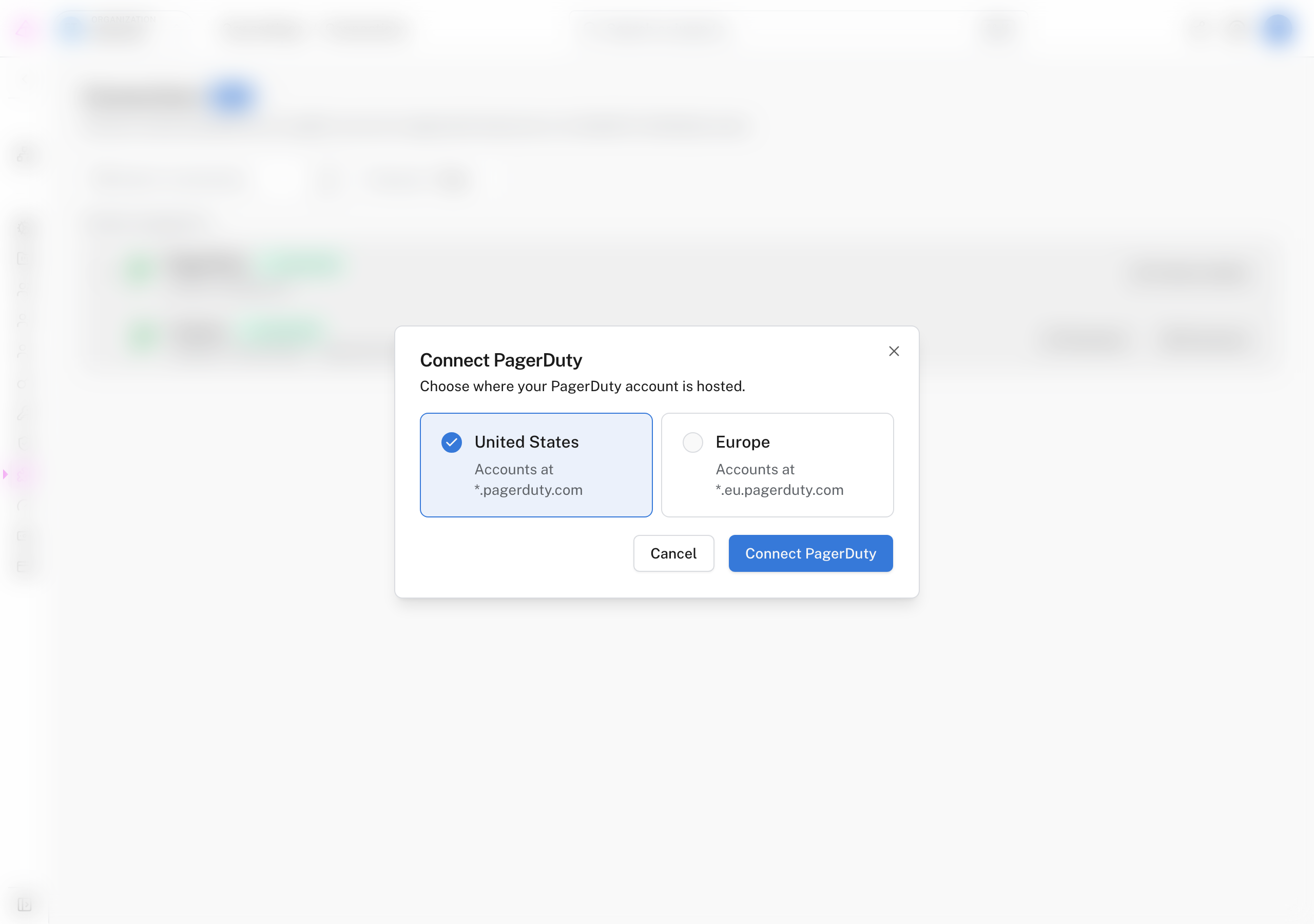 The Connect PagerDuty dialog with the United States account region selected