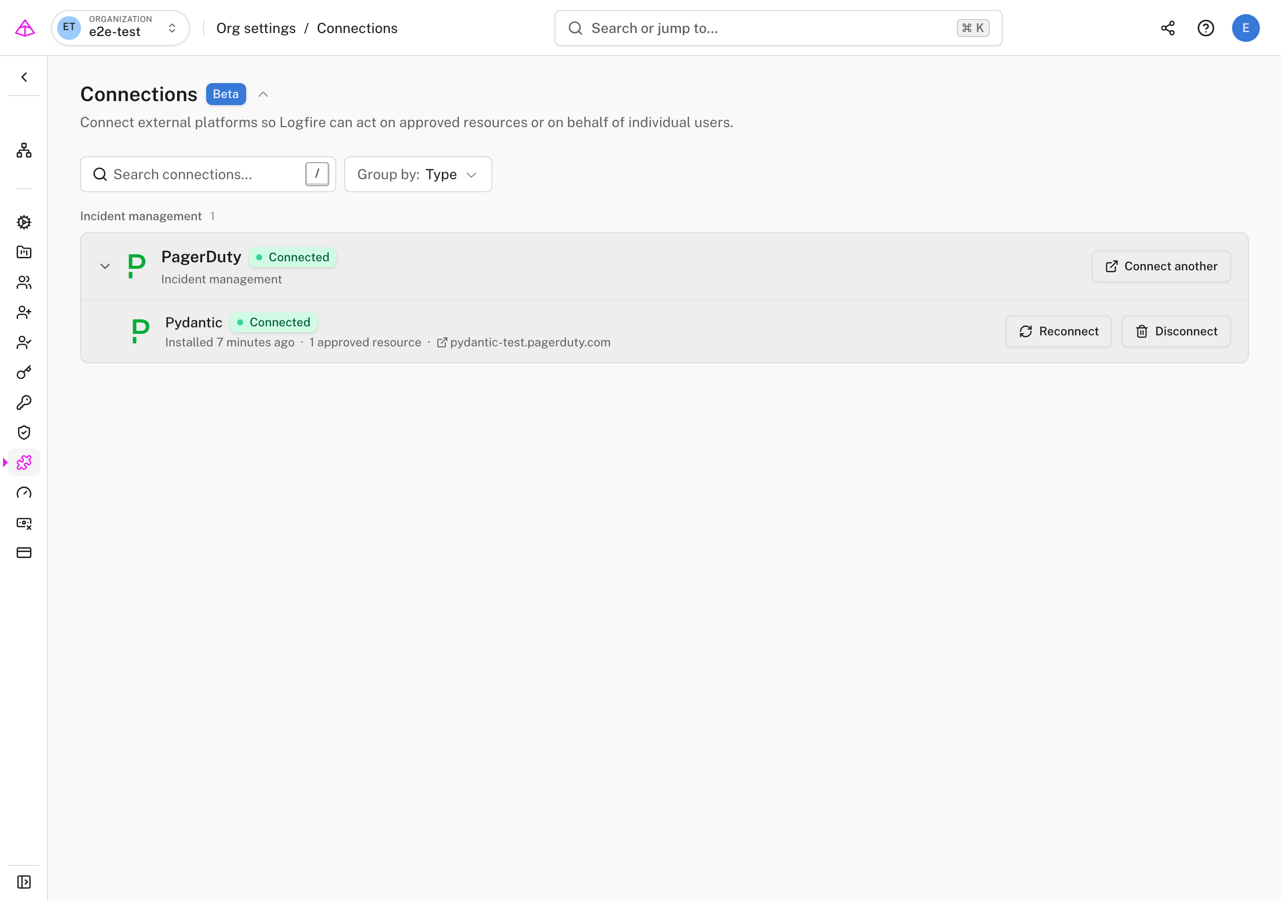 The Logfire Connections page showing a connected PagerDuty account with one approved service