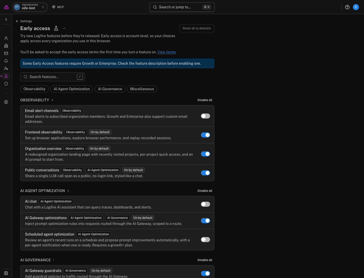 The Early Access settings page showing its availability notice and the enabled Public conversations switch