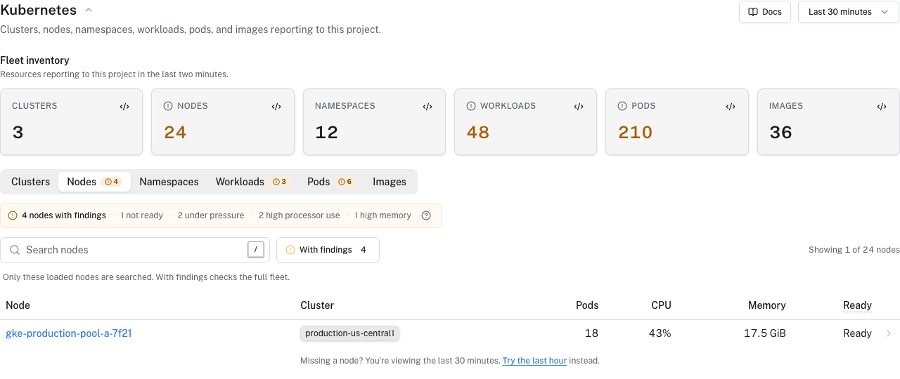Kubernetes node findings and full-fleet filter